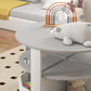 Kids round gray table with storage shelves and open cubby under top