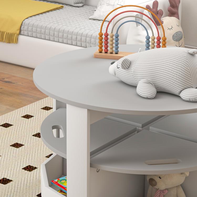 Kids round gray table with storage shelves and open cubby under top