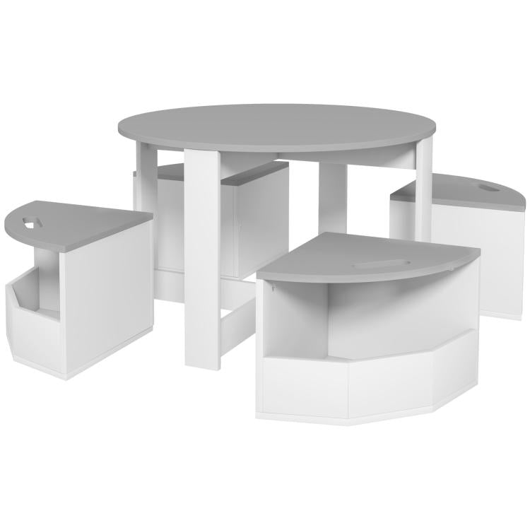 5-piece kids table set: round gray tabletop with side stools and storage bins