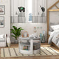 White kids activity table with side storage shelves and gray seat cushions