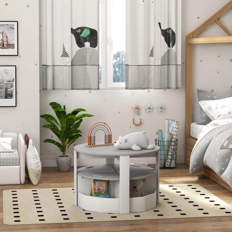 White kids activity table with side storage shelves and gray seat cushions