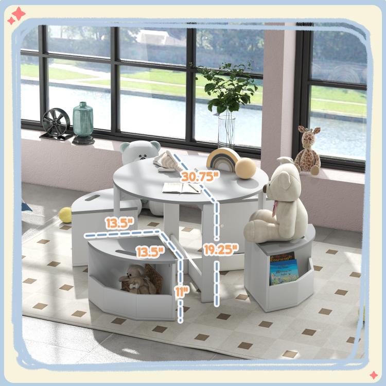 White kids table and chairs set with storage, shown with measurement guides