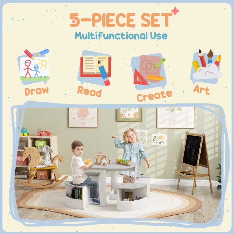 White 5-piece kids table and chairs set with storage cubbies, multi-use