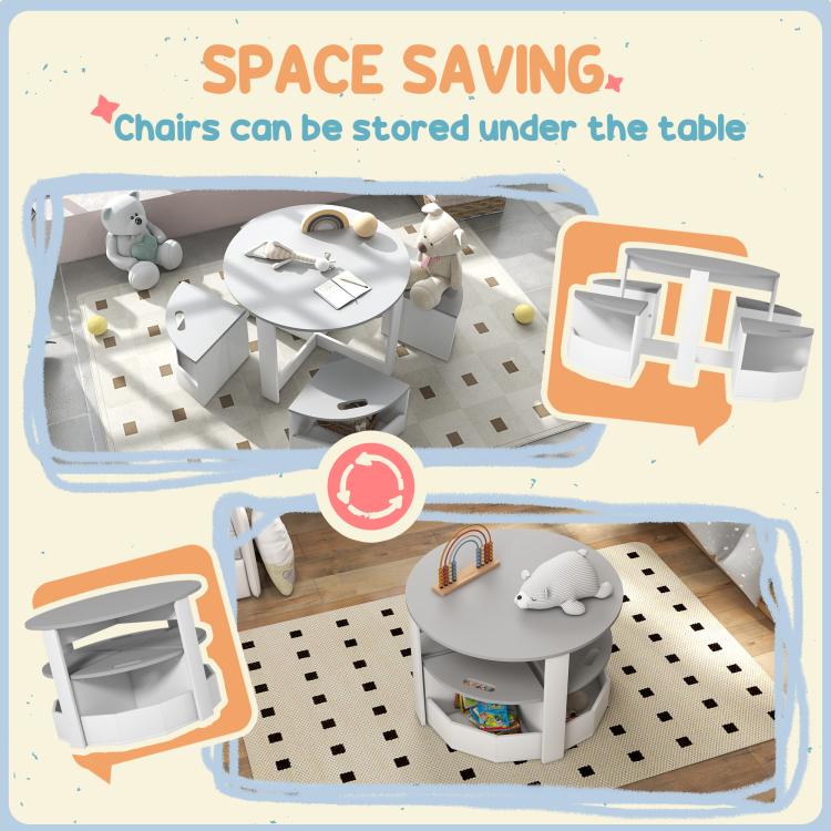 White kids table with chairs that tuck under the tabletop for space saving