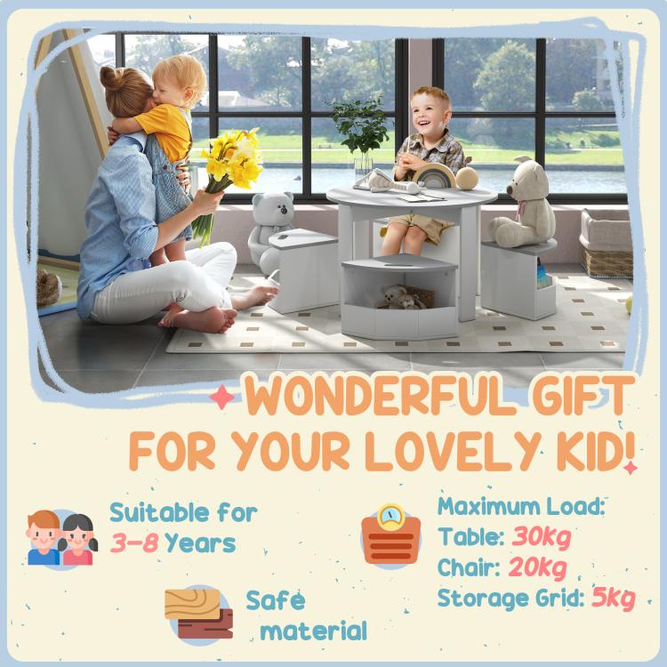 White kids table and chairs set with storage cubby, children playing