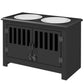 Black raised dog feeding station cabinet with two stainless steel bowls and slatted front