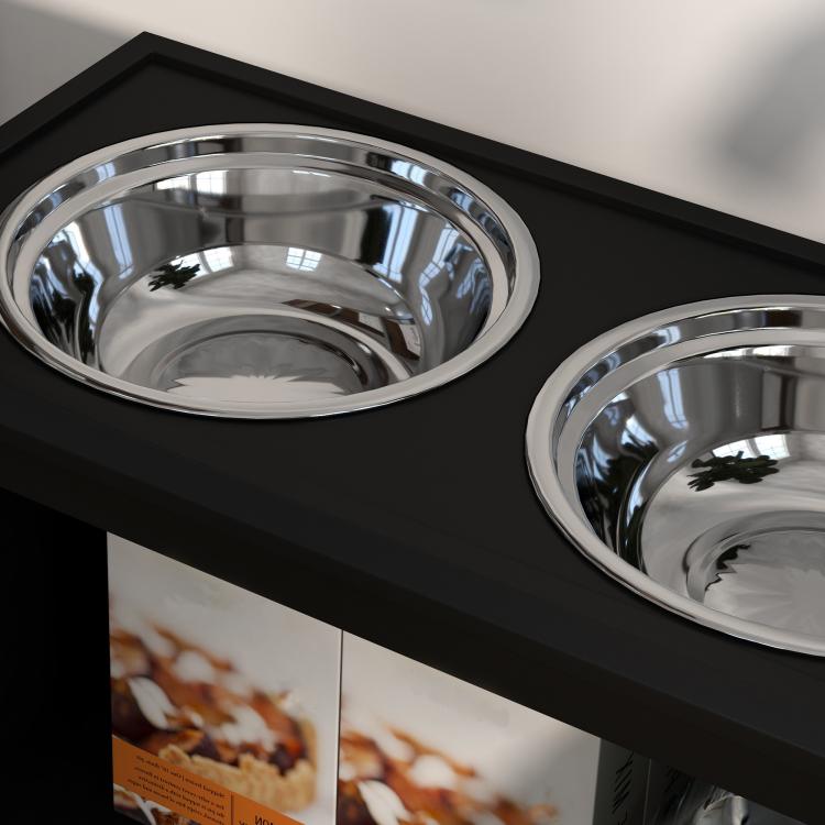 Black dog feeding station cabinet with two stainless steel bowls