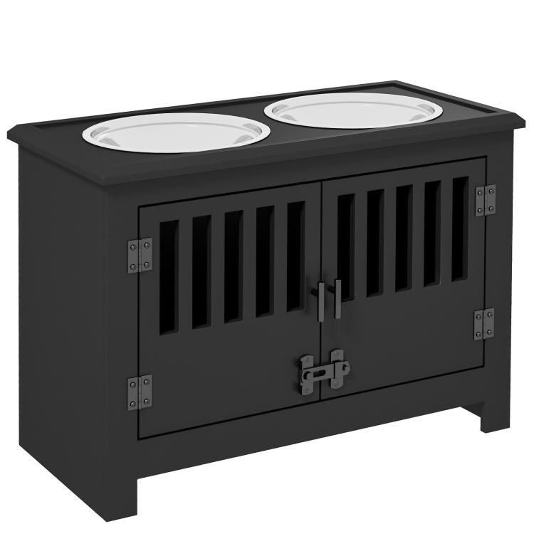 Black dog feeding station cabinet with two bowls and storage doors