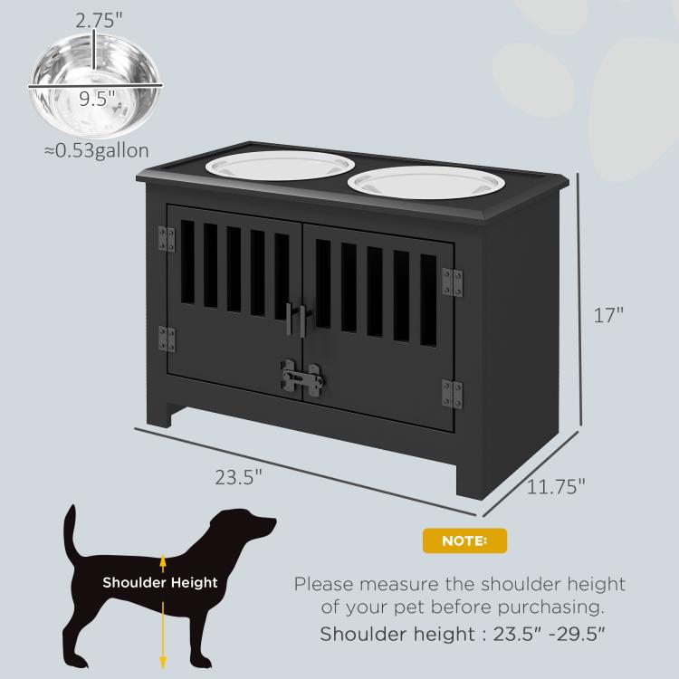 Black dog feeding cabinet with two stainless steel bowls and slatted front doors