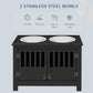 Black dog feeding cabinet featuring two stainless steel bowls and slatted door panels