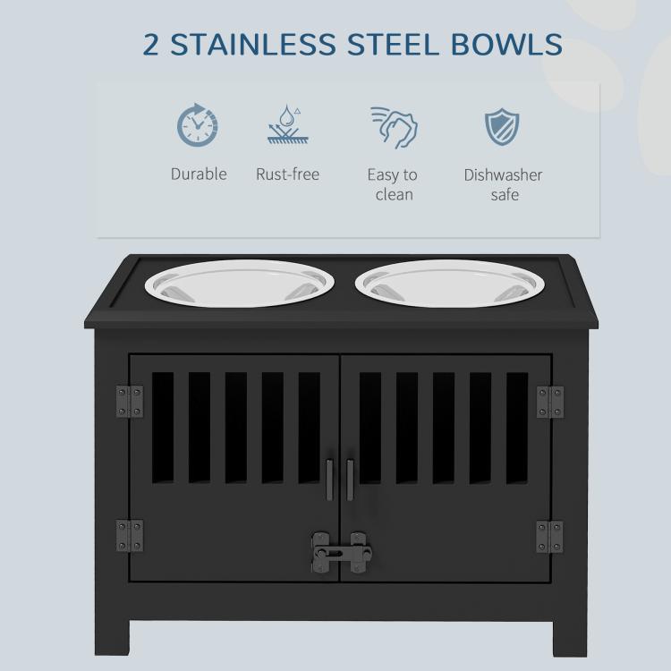 Black dog feeding cabinet featuring two stainless steel bowls and slatted door panels