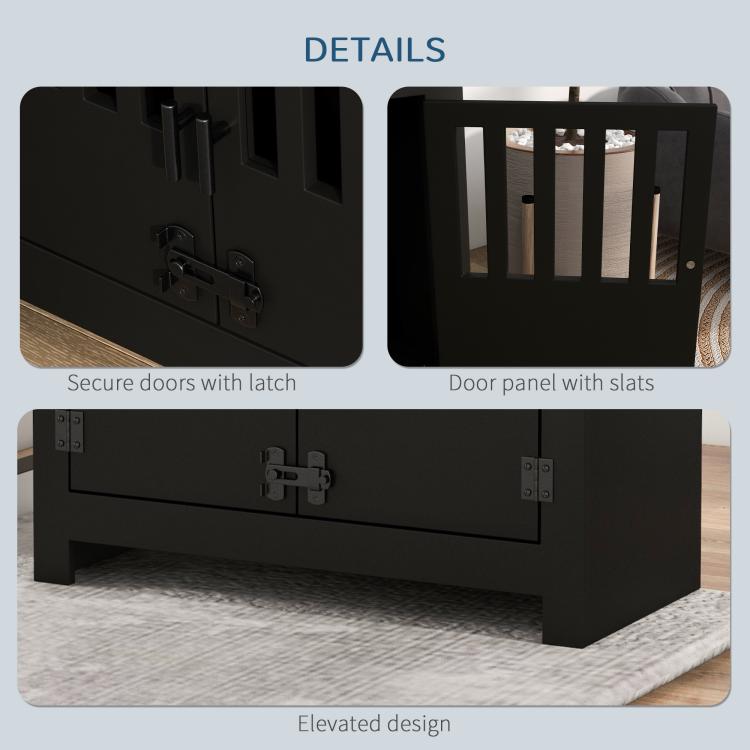Black pet food cabinet with slatted door panels, latch hardware, and raised design