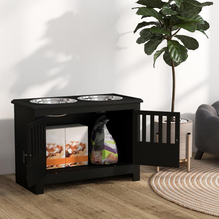 Black dog feeding station cabinet with two bowls and open storage compartment for food bag