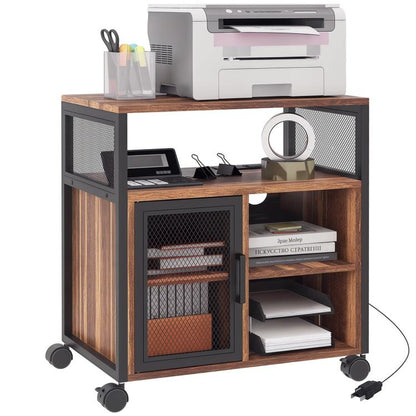 Rustic brown printer stand cart with black mesh doors, open shelves, and caster wheels