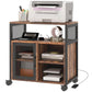Rustic brown printer table cart with black mesh panels, side cabinet, and caster wheels