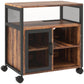 Mobile printer stand with wood shelves, metal mesh cabinet door, and rolling wheels