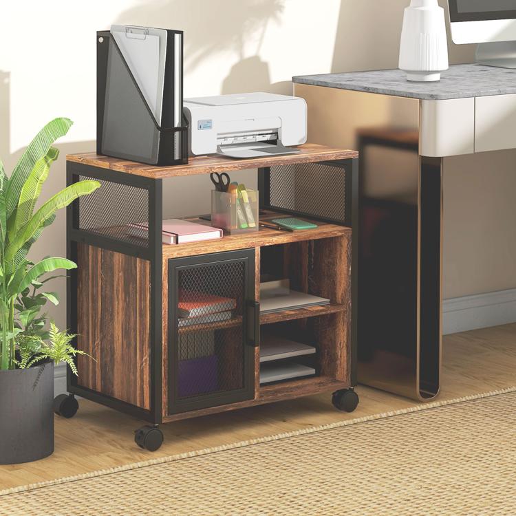 Rustic brown printer stand with black mesh door, open shelves, and rolling caster base