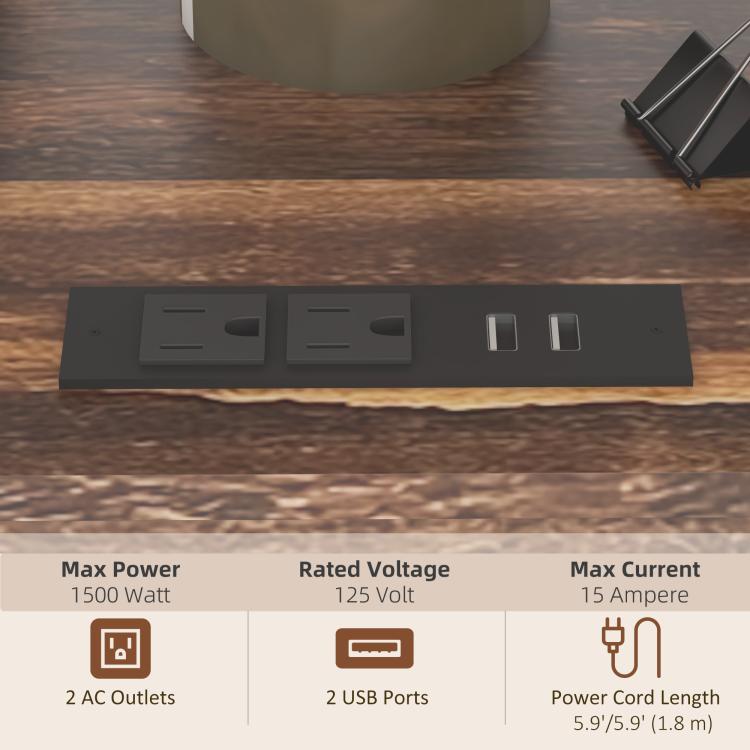 Printer stand power panel with two AC outlets, two USB ports, and cable-ready design