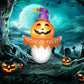 Inflatable Halloween ghost with orange pumpkin face, purple star hat, “Trick or Treat” sign