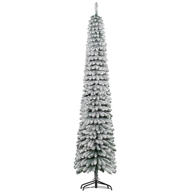 Snow-frosted slim artificial Christmas tree, unlit green branches on metal stand