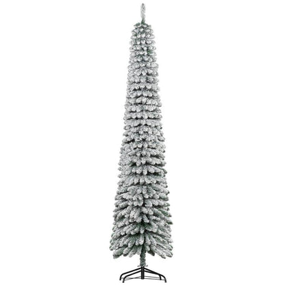 Snow-frosted slim artificial Christmas tree, unlit green branches on metal stand