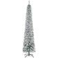 Snow-frosted slim artificial Christmas tree on metal stand, dense green needle tips