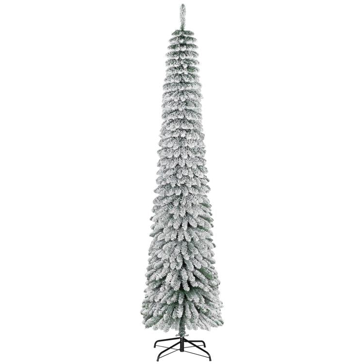 Snow-frosted slim artificial Christmas tree on metal stand, dense green needle tips