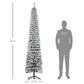 8 ft slim artificial Christmas tree with snow flocking, shown with size silhouette