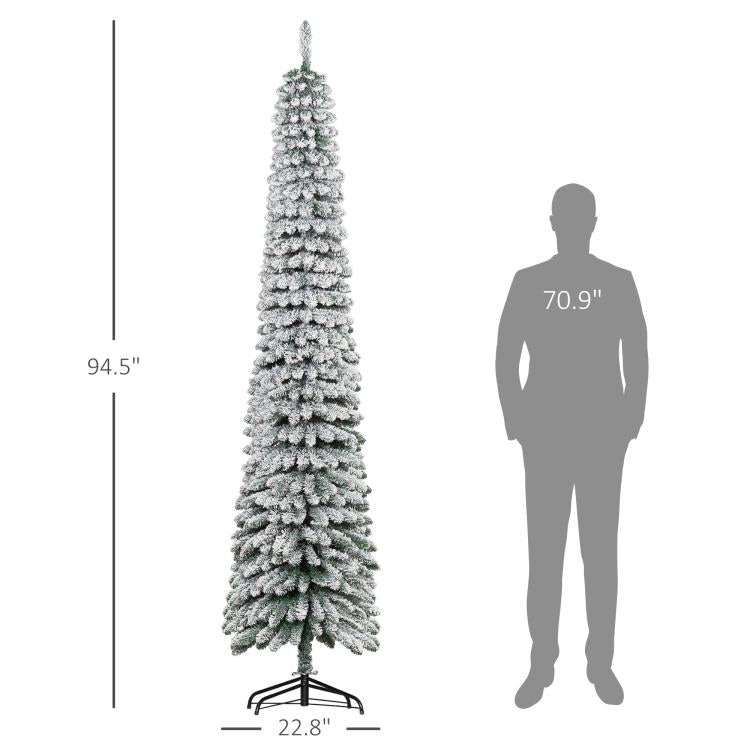 8 ft slim artificial Christmas tree with snow flocking, shown with size silhouette
