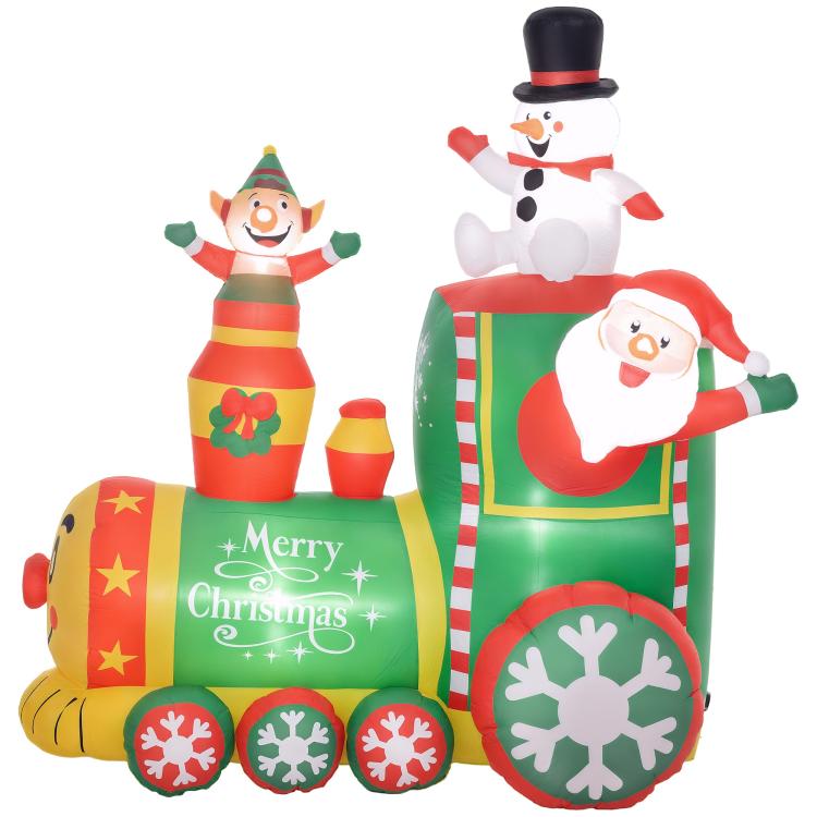 Inflatable Christmas train display with Santa snowman, elf, and waving snowman figures