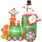 Inflatable Christmas train with Santa and snowman figures, red and green cars
