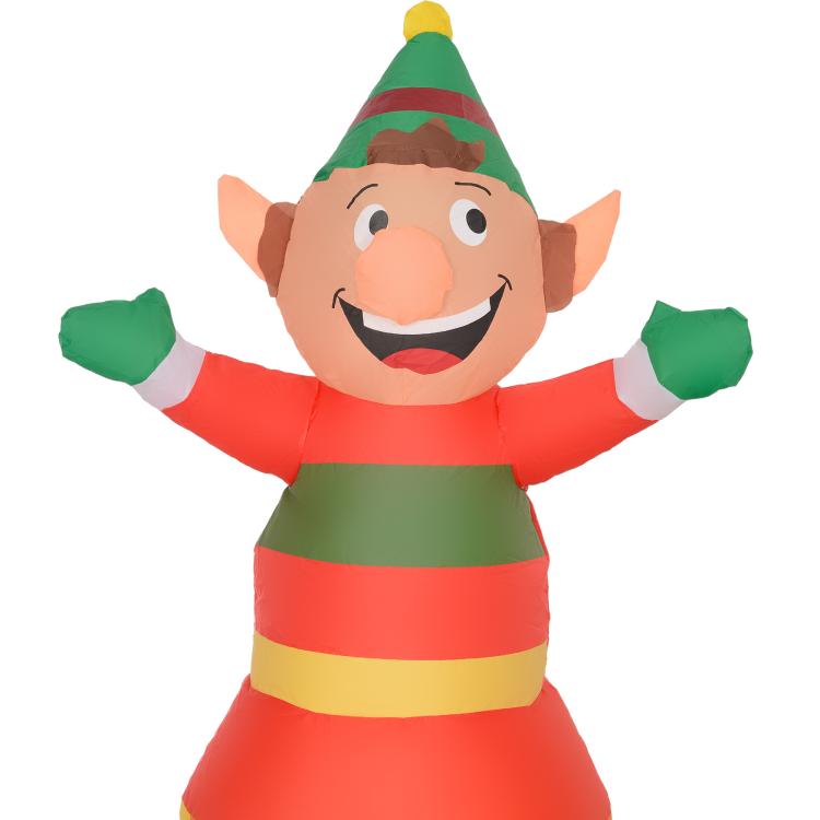 Inflatable elf face topper with orange nose, green hat, and red striped outfit