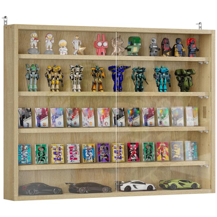 Wall-mounted oak display cabinet with glass front and multiple open shelves