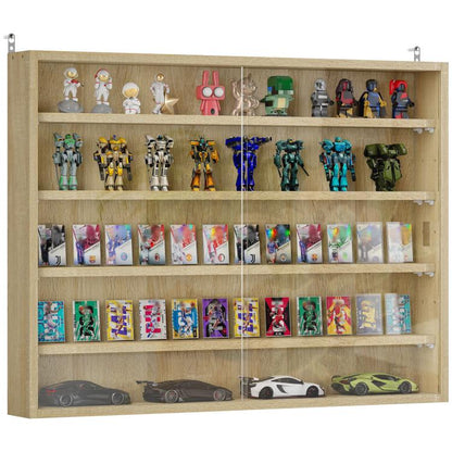 Wall-mounted oak display cabinet with glass front and multiple open shelves