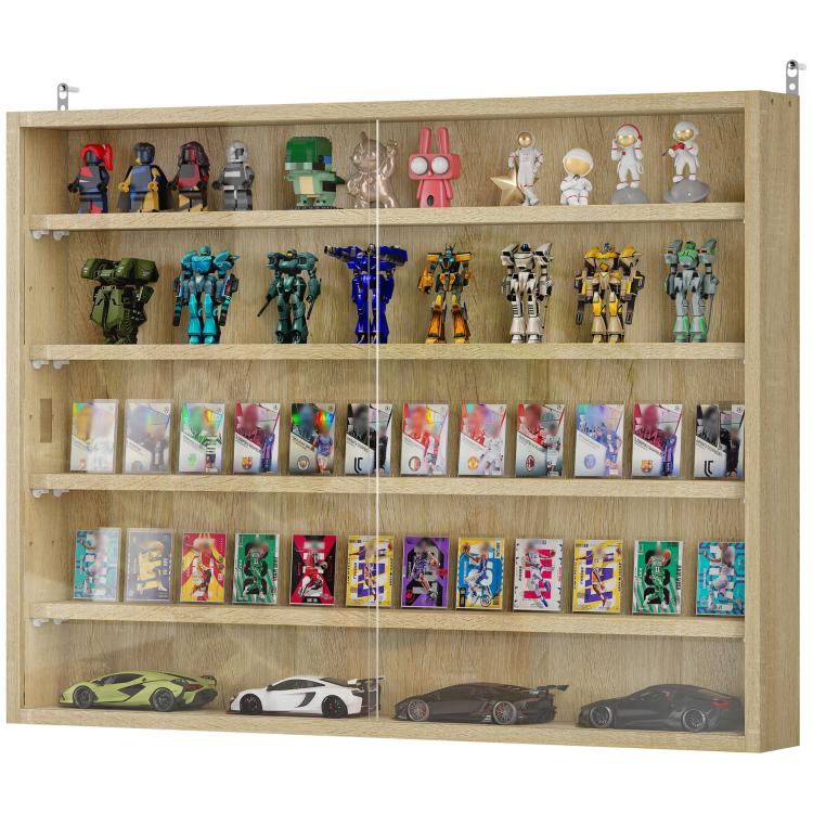 Oak wall display cabinet with two glass doors and five adjustable shelves