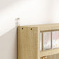 Oak wall-mounted display cabinet with glass door and framed shelf inside