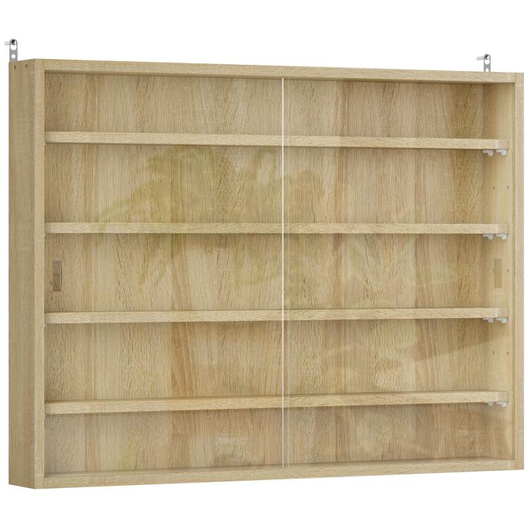 Oak wall-mounted display cabinet with two glass doors and adjustable interior shelves