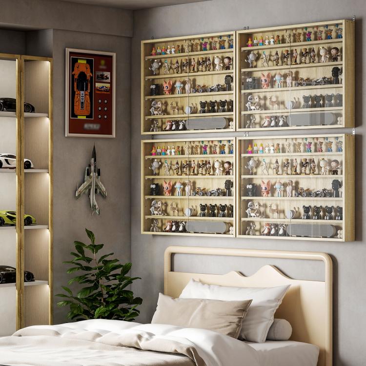Oak wall-mounted display cabinet with glass doors showing figurines and collectibles