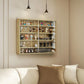 Wooden wall display cabinet with glass doors mounted above a bed