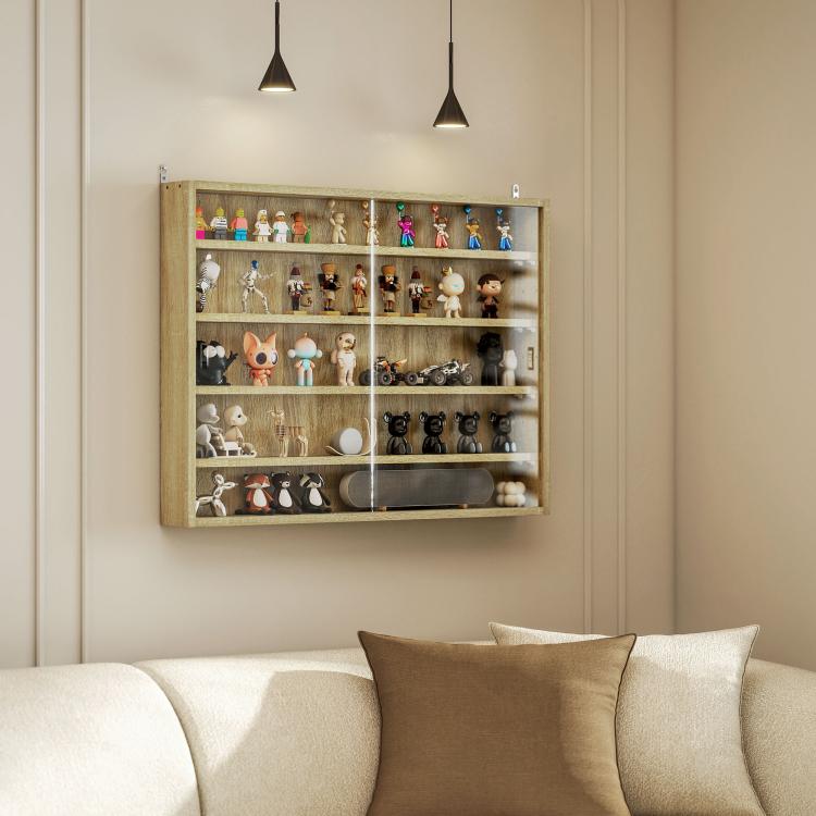 Wooden wall display cabinet with glass doors mounted above a bed