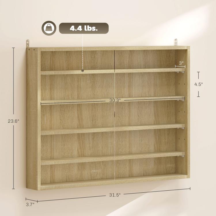 Oak wall display cabinet front view showing shelf layout and dimensions