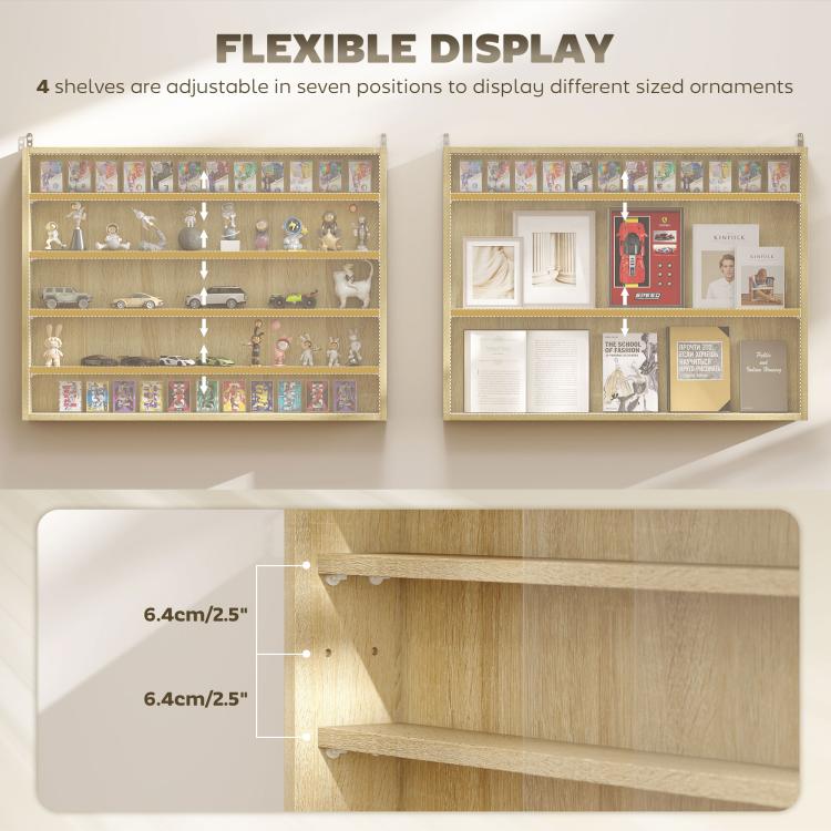 Oak wall cabinet with adjustable shelves for displaying collectibles