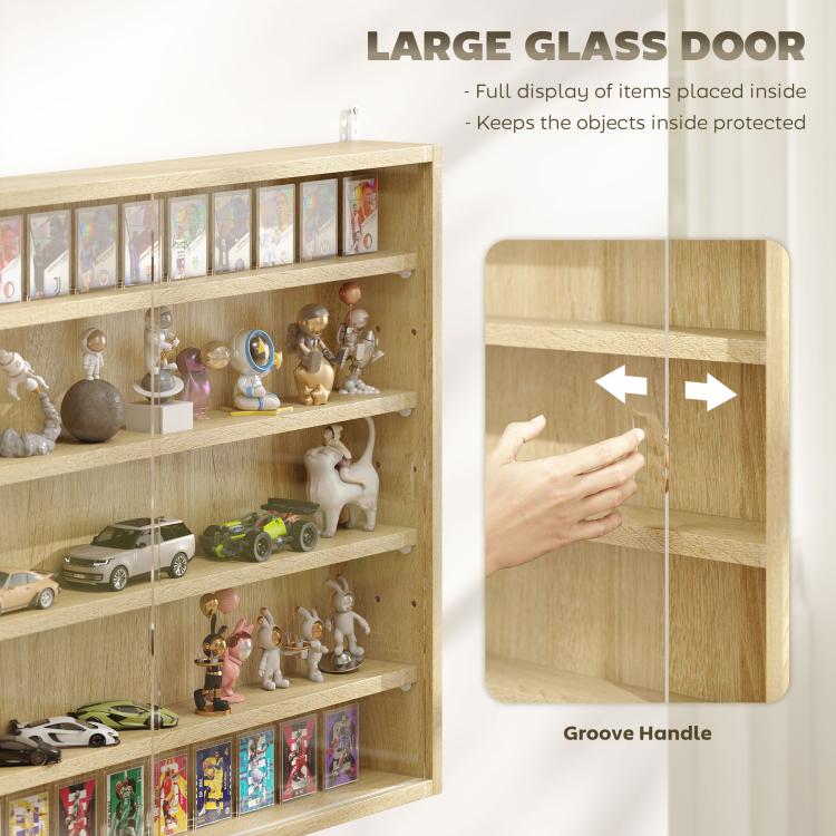 Oak display cabinet with large glass door and grove handle detail