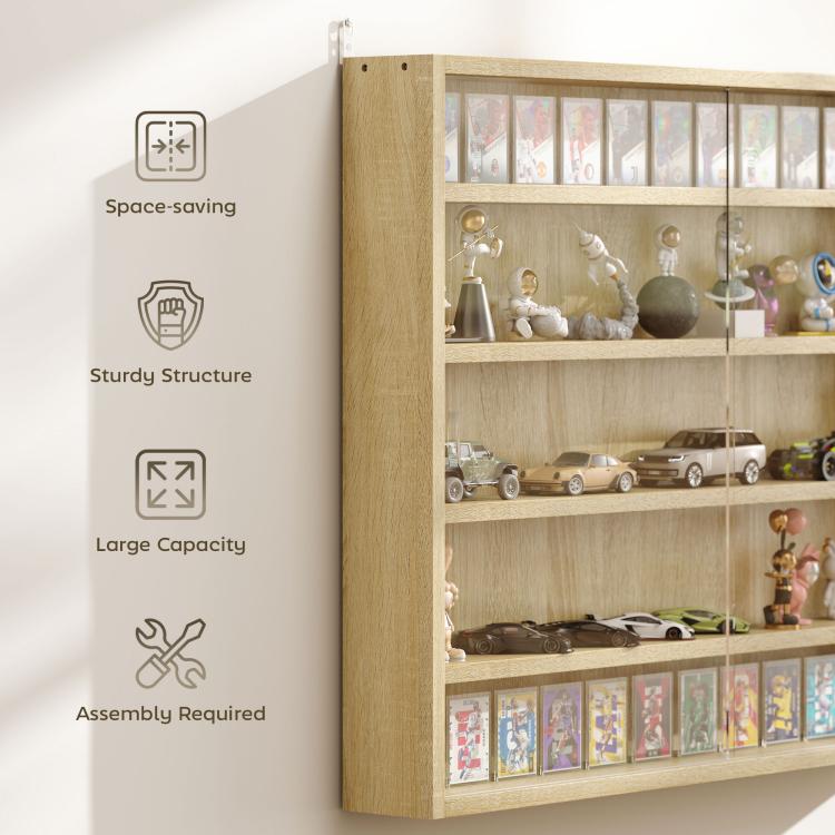 Oak wall-mounted display cabinet with space-saving design and sturdy structure