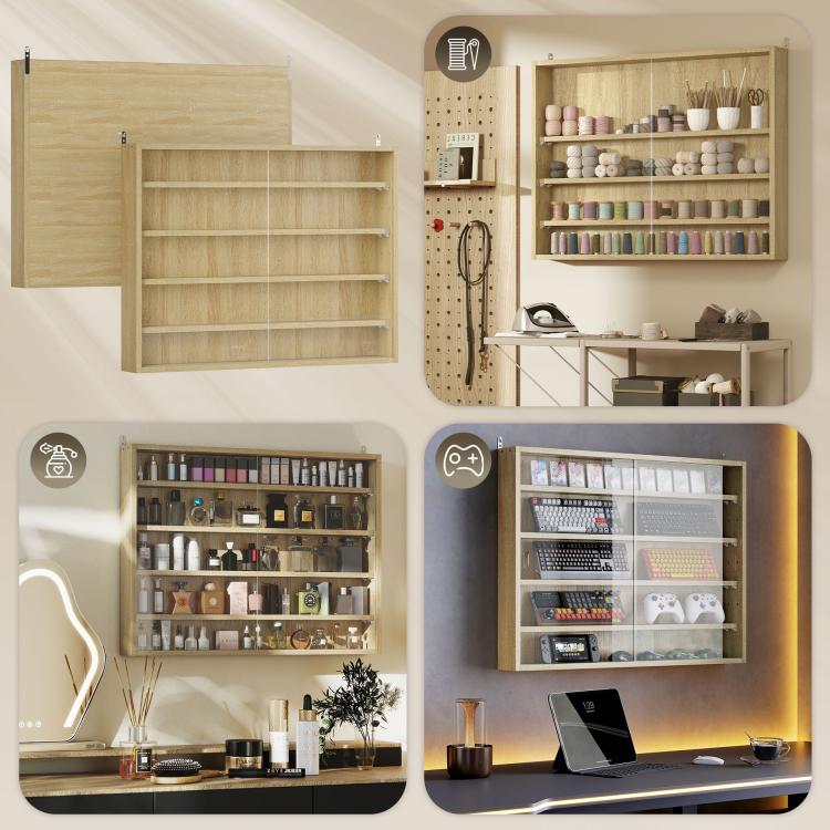 Oak display cabinet showcasing organizer-style storage for home items