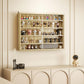 Oak wall-mounted display cabinet with two glass doors and decorative figurines