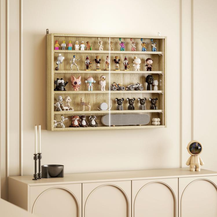 Oak wall-mounted display cabinet with two glass doors and decorative figurines
