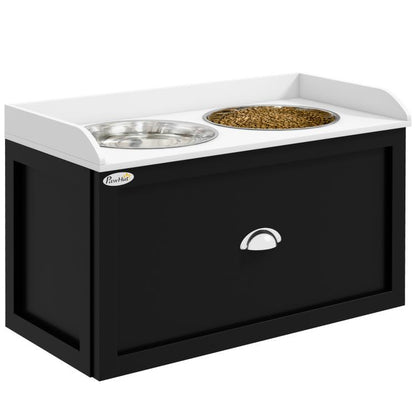 Pet feeding station with two stainless steel bowls and storage drawer, black base and white top