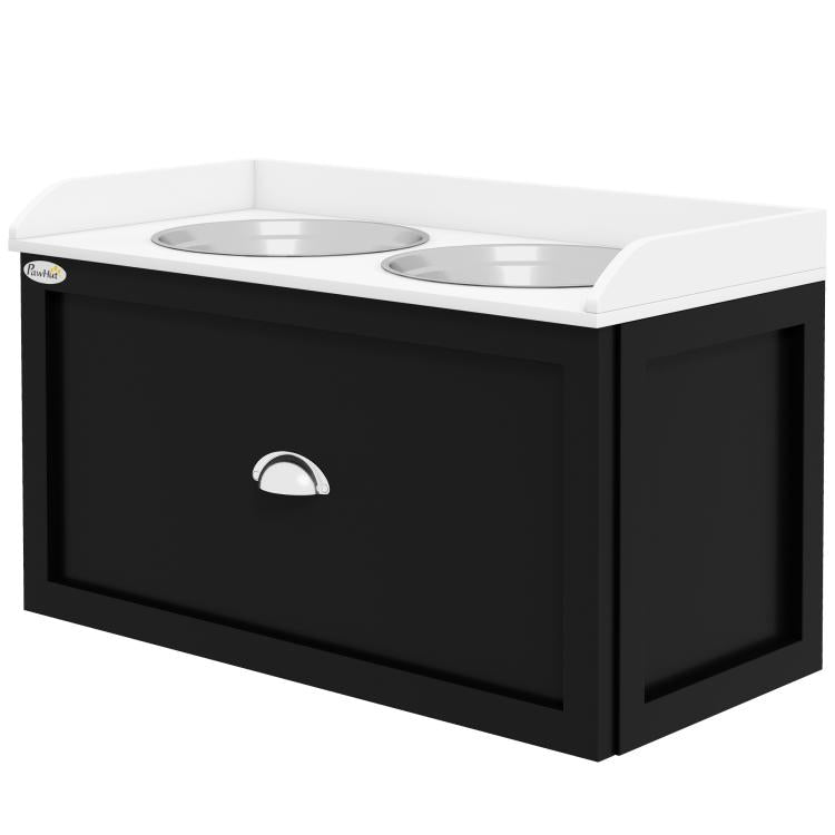 Pet feeding station with two stainless steel bowls on white top, black drawer front