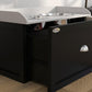 Elevated pet feeding station with two stainless bowls, black cabinet and white top